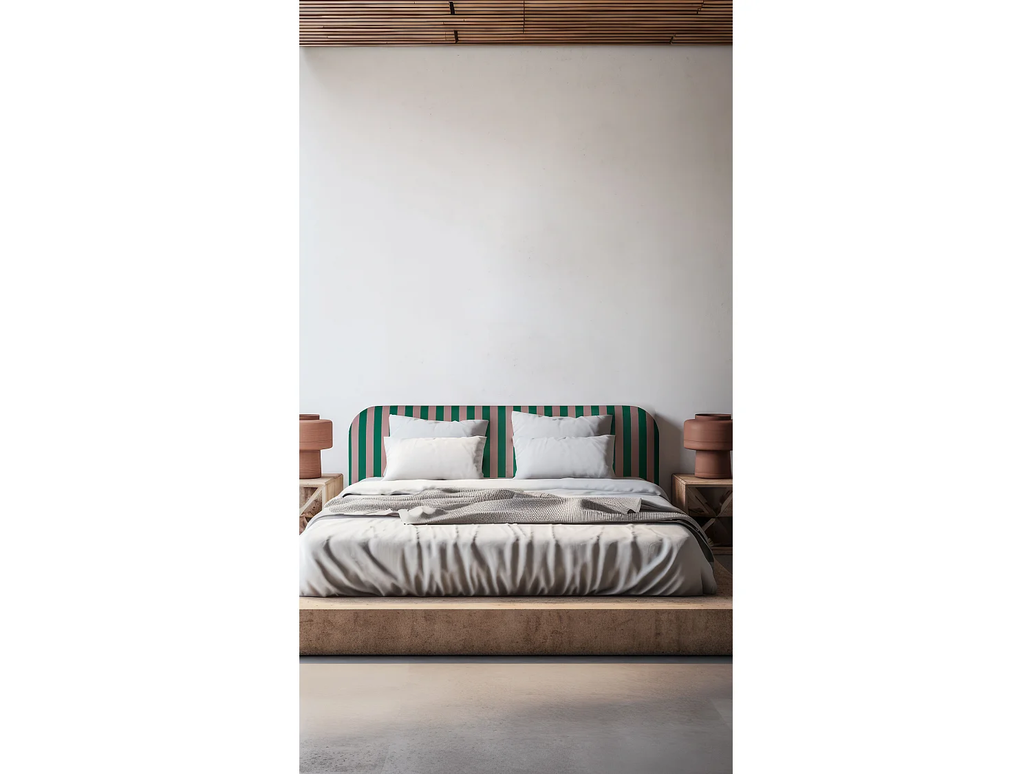 Cabecero tapizado terciopelo a rayas verdes y rosas 190x97cm