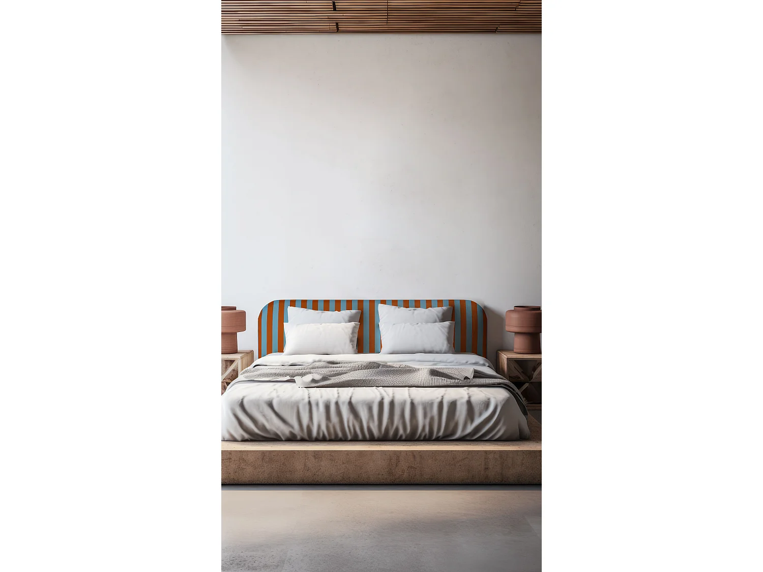 Cabecero tapizado terciopelo a rayas azul y naranja  190x97cm