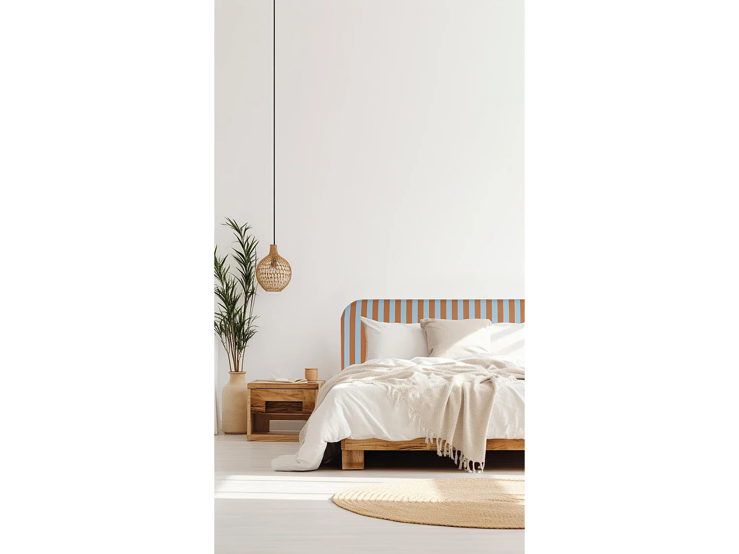 Cabecero tapizado terciopelo a rayas azul y naranja  190x97cm