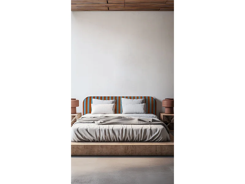 Cabecero tapizado terciopelo a rayas azul y naranja  190x97cm