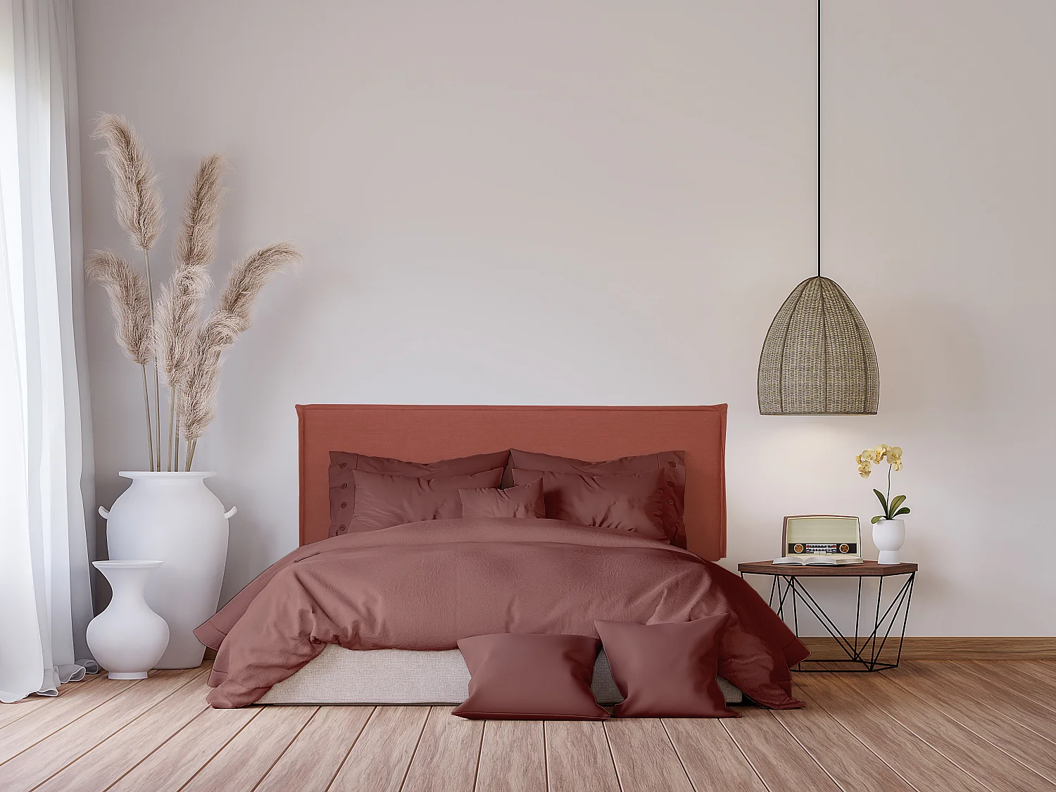 Cabecero tapizado de tela 100% lino teja 160x100cm