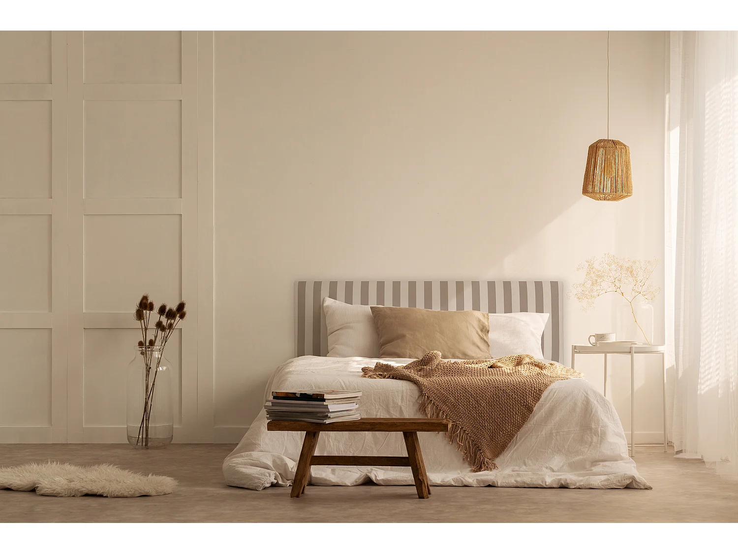 Tête de lit tapissée en tissu rayé beige 145x52cm