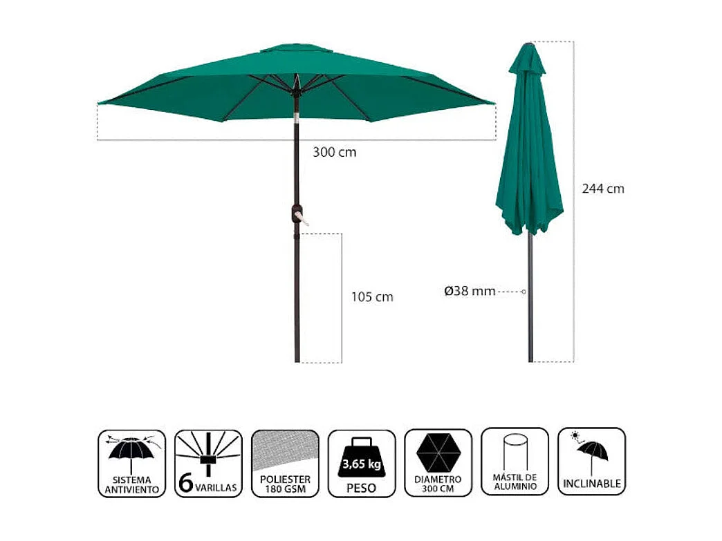 Dudeco Guarda-Sol Crudo Alumínio 300 Verde escuro