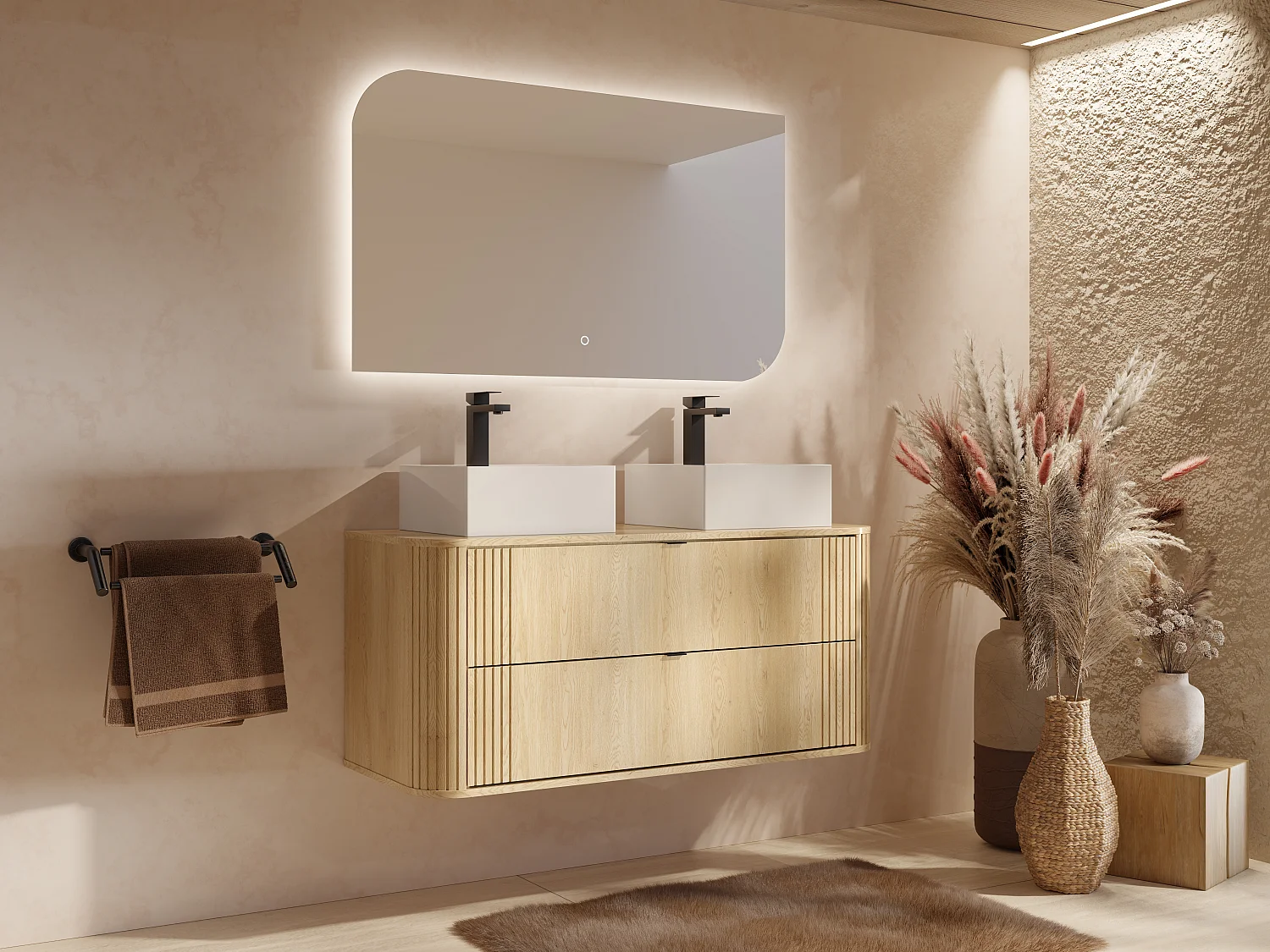 Hängender Waschtischunterschrank mit Doppel-Waschbecken quadratisch zum Aufstellen, helles Naturholz, L120 cm - FILOR