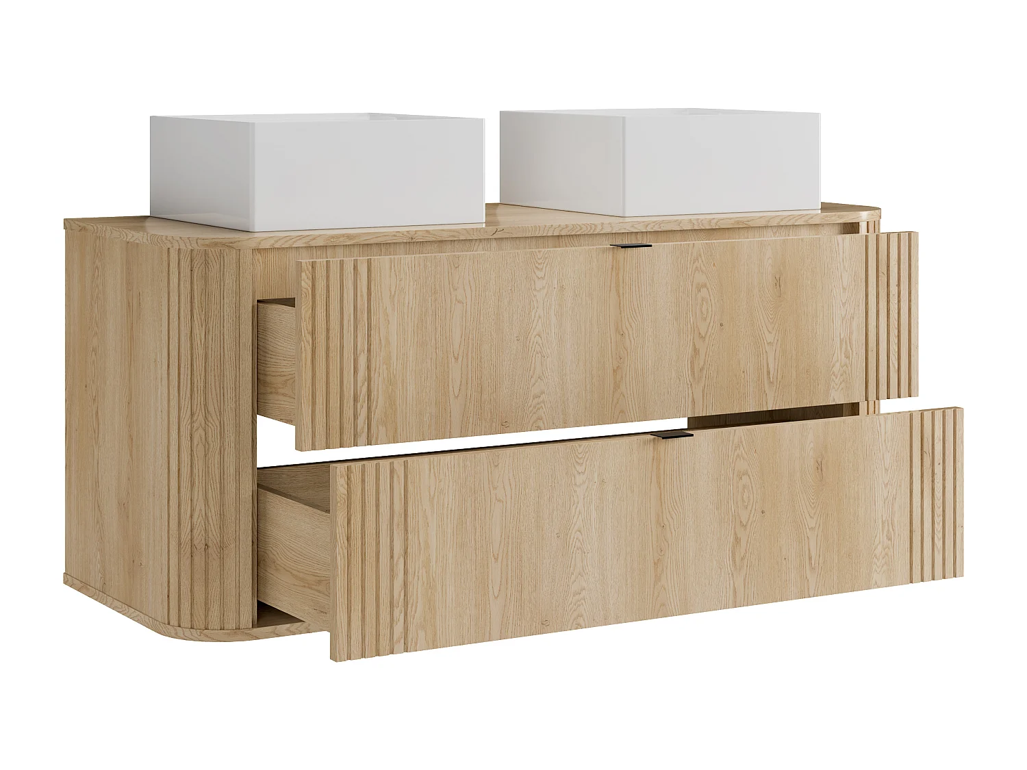 Hängender Waschtischunterschrank mit Doppel-Waschbecken quadratisch zum Aufstellen, helles Naturholz, L120 cm - FILOR