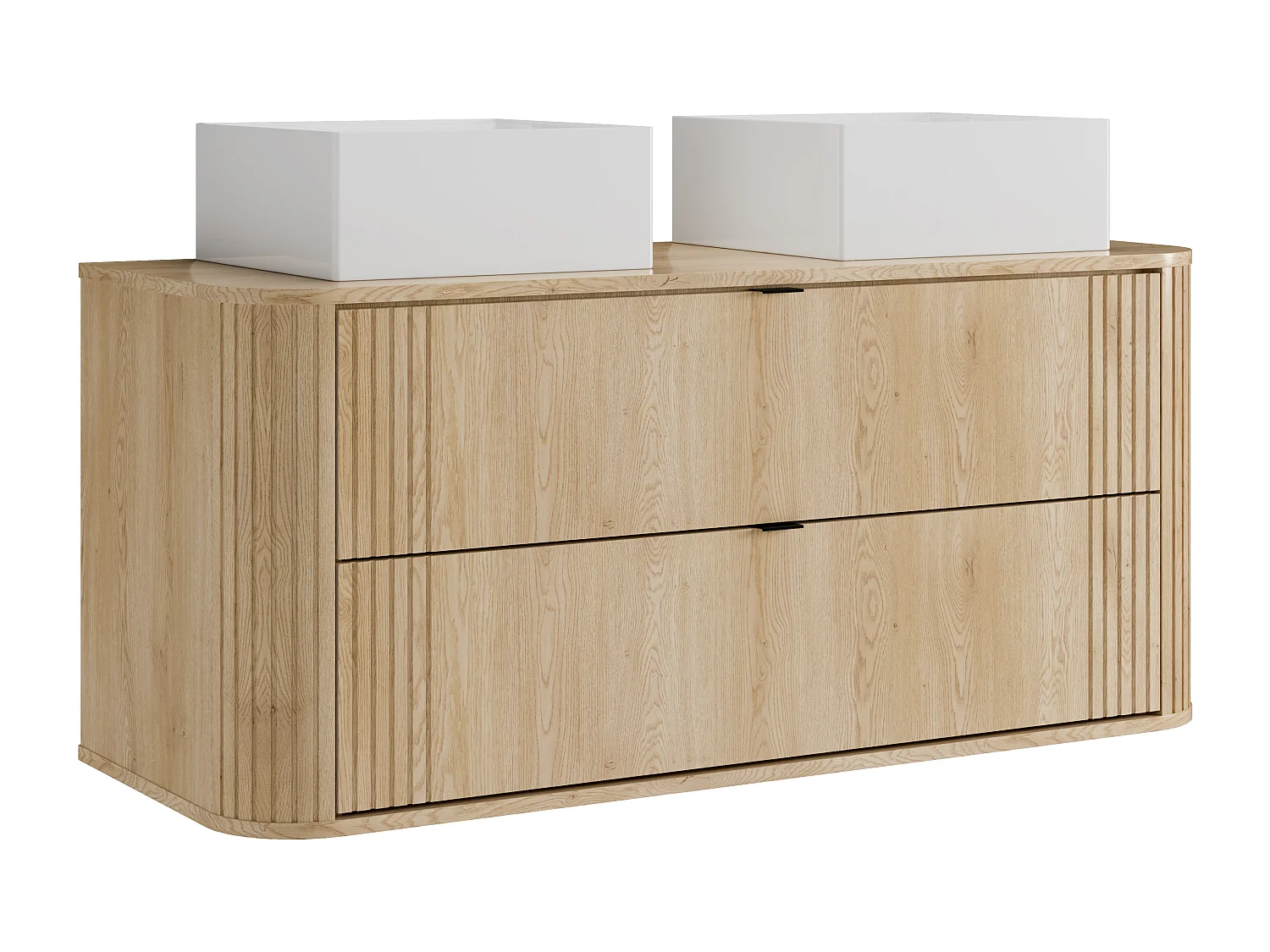 Hängender Waschtischunterschrank mit Doppel-Waschbecken quadratisch zum Aufstellen, helles Naturholz, L120 cm - FILOR