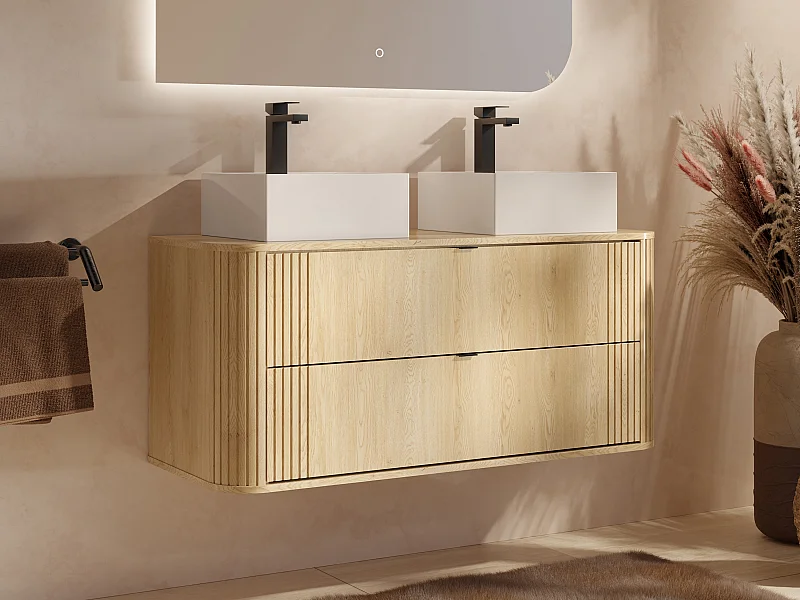 Mueble de baño suspendido con doble lavabo cuadrado sobre encimera - Natural claro - An. 120 cm - FILOR