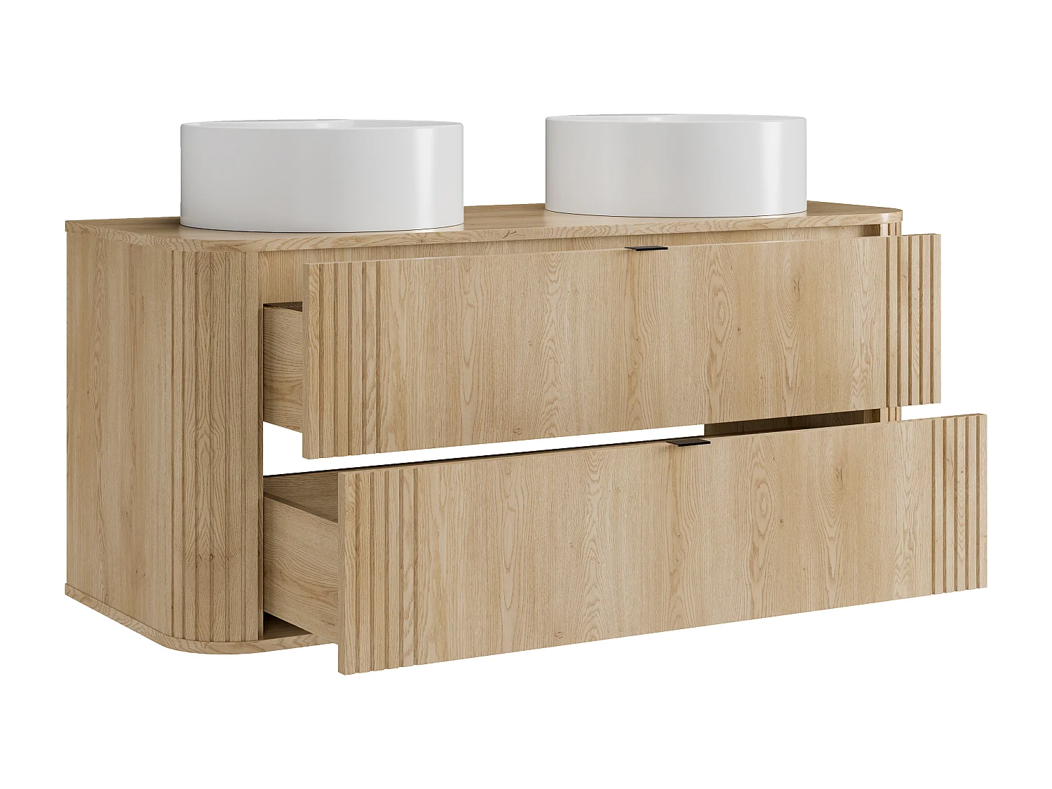 Hängender Waschtischunterschrank mit Doppel-Waschbecken rund zum Aufstellen, helles Naturholz, L120 cm - FILOR