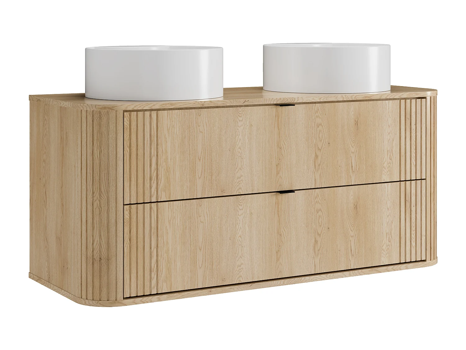 Hängender Waschtischunterschrank mit Doppel-Waschbecken rund zum Aufstellen, helles Naturholz, L120 cm - FILOR