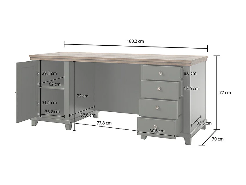 Bureau 1 porte 4 tiroirs Martin Vert et Bois