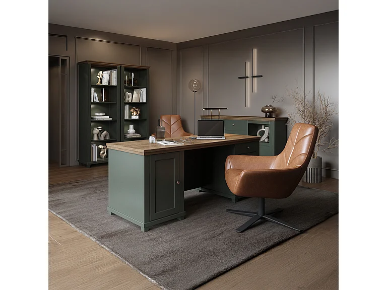 Bureau 1 porte 4 tiroirs Martin Vert et Bois