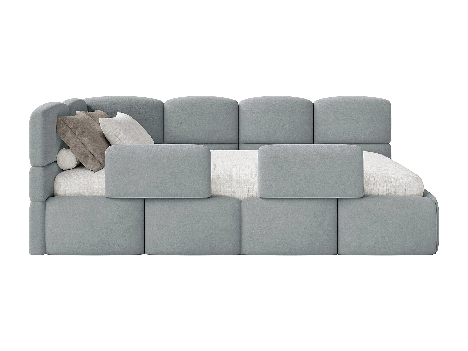 Kinderbett 120x200 Kopfteil links – Matratze & Stauraum – Samt Grau – CLOUDY