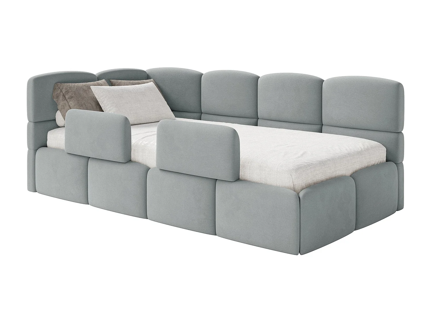 Lit enfant 120x200 cm – tête de lit à gauche – matelas & coffre de rangement – velours gris – CLOUDY