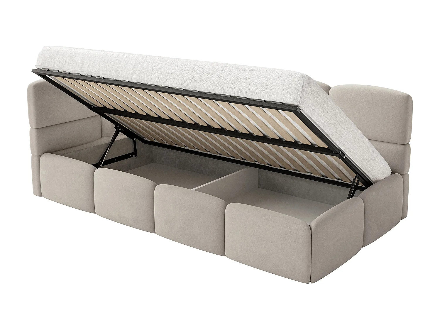 Lit enfant 120x200 cm – tête de lit à gauche – matelas & coffre de rangement – velours beige clair – CLOUDY