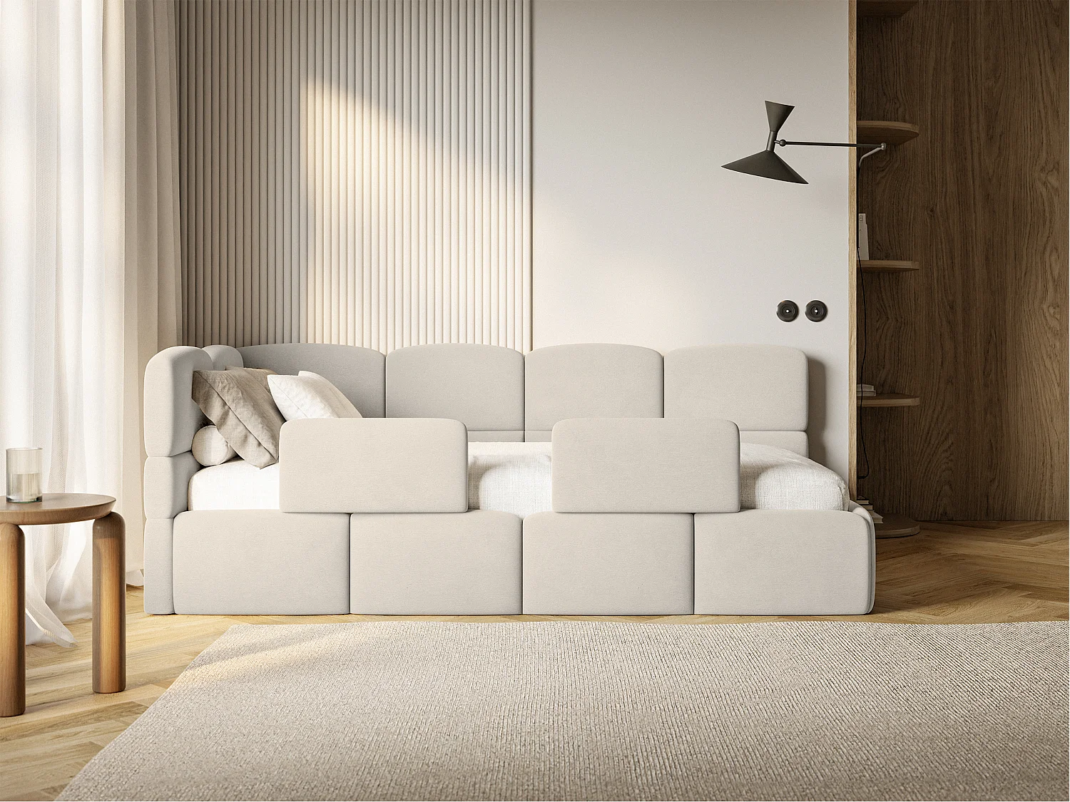 Kinderbett 120x200 Kopfteil links – Matratze & Stauraum – Samt Hellbeige – CLOUDY