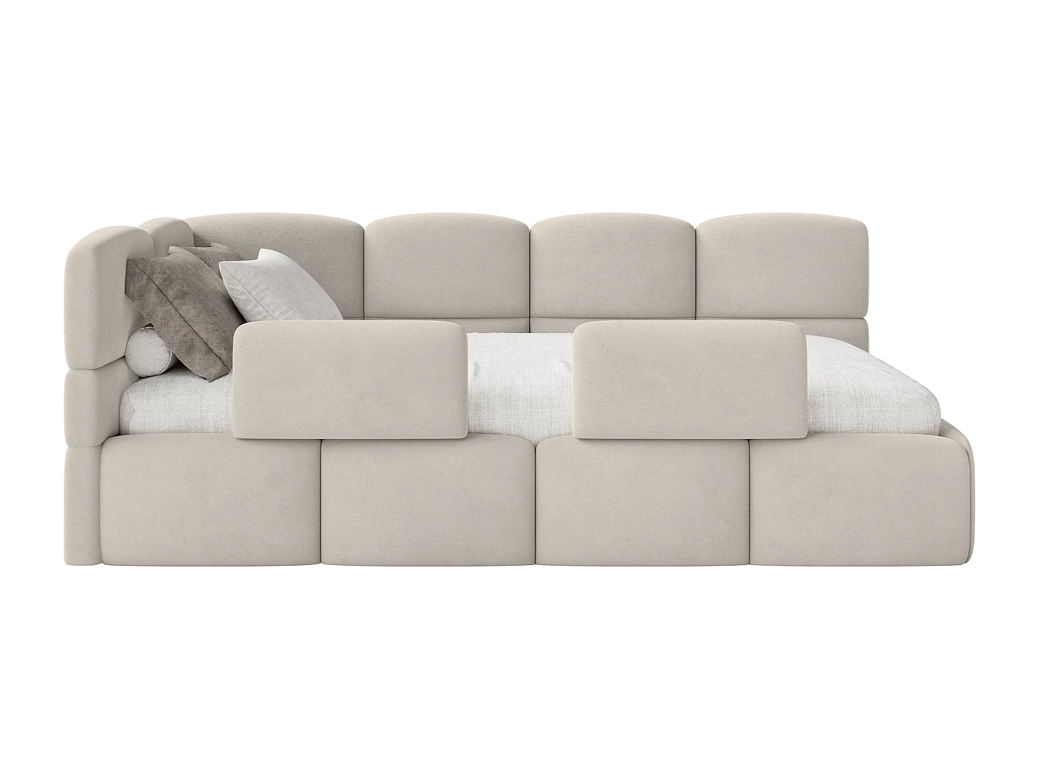 Kinderbett 120x200 Kopfteil links – Matratze & Stauraum – Samt Hellbeige – CLOUDY