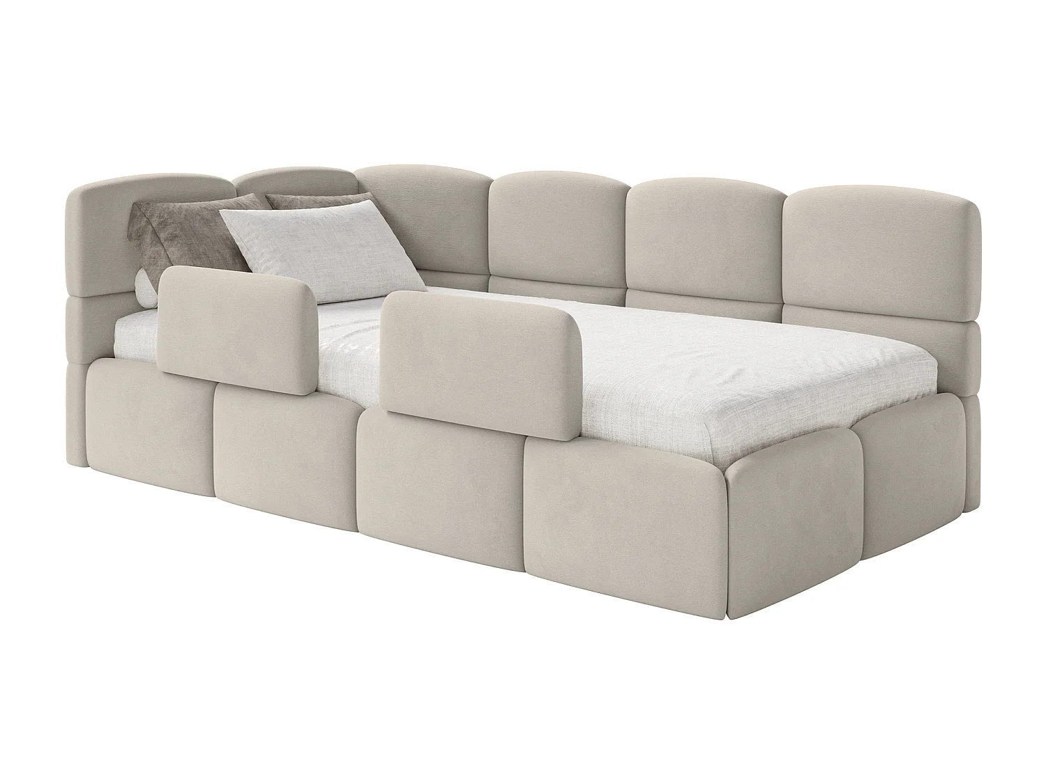 Lit enfant 120x200 cm – tête de lit à gauche – matelas & coffre de rangement – velours beige clair – CLOUDY