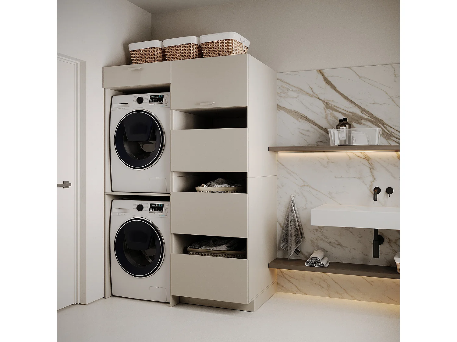 Badezimmer-Hochschrank stehend 68 cm – 4 Türen – Kaschmirgrau – HOLV