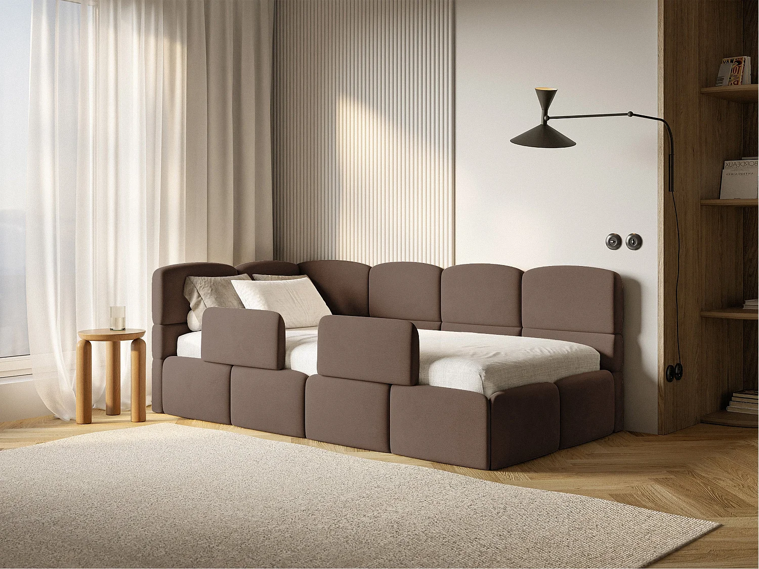 Lit enfant 120x200 cm – tête de lit à gauche – matelas & coffre de rangement – velours marron – CLOUDY