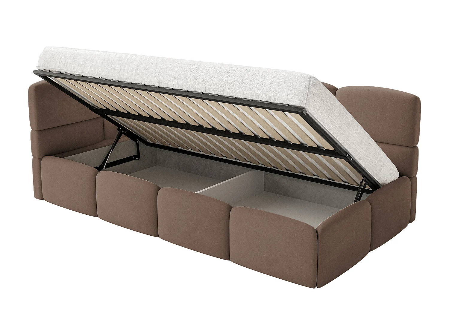 Lit enfant 120x200 cm – tête de lit à gauche – matelas & coffre de rangement – velours marron – CLOUDY