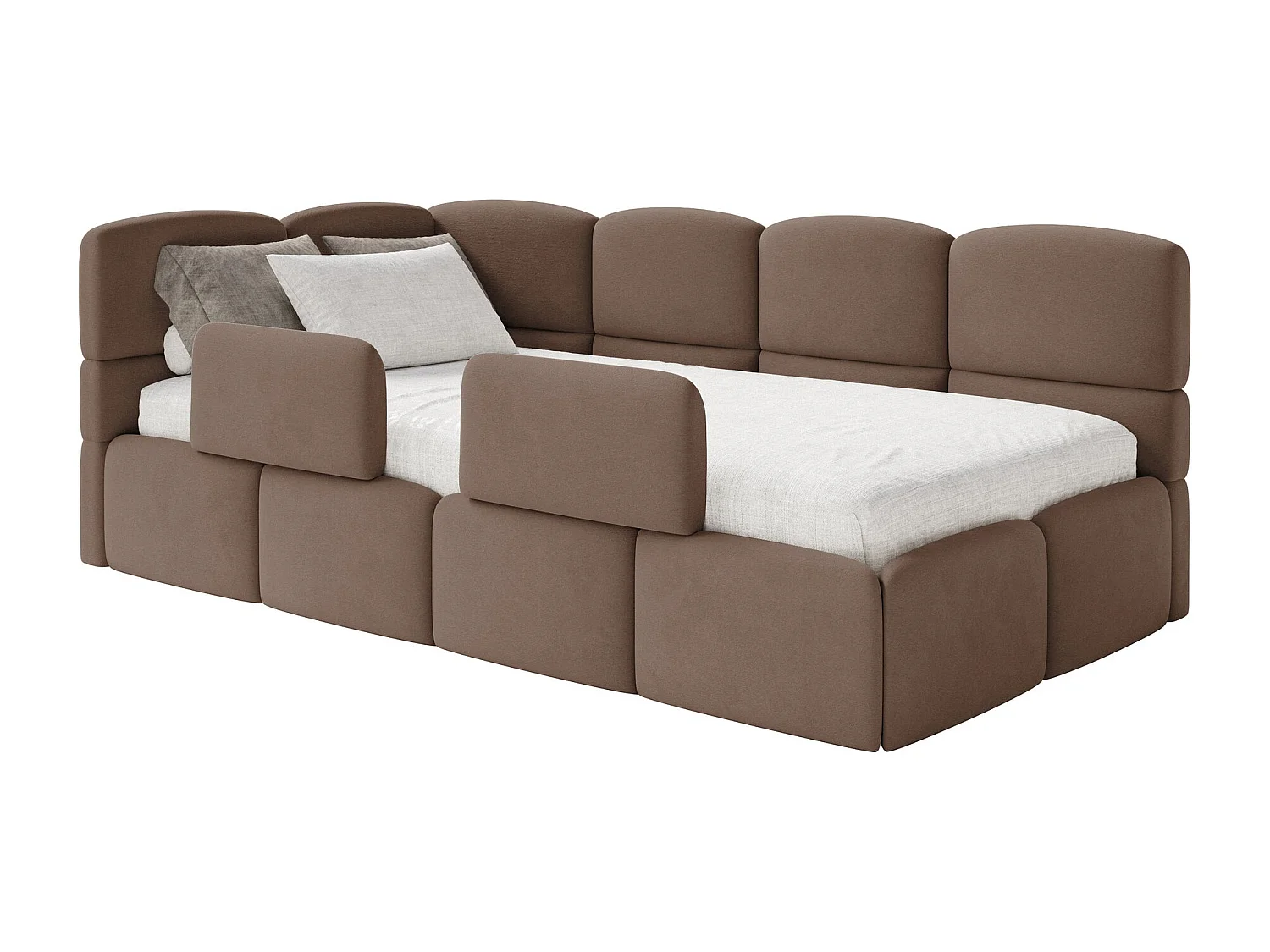Lit enfant 120x200 cm – tête de lit à gauche – matelas & coffre de rangement – velours marron – CLOUDY