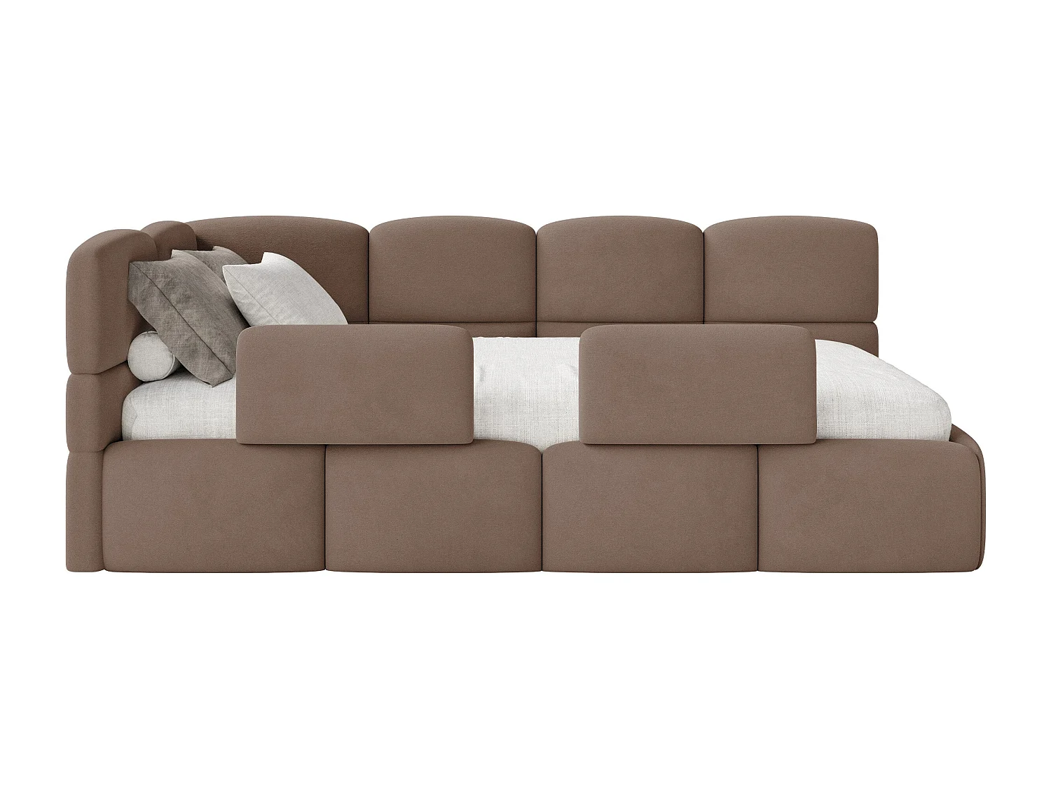 Lit enfant 120x200 cm – tête de lit à gauche – matelas & coffre de rangement – velours marron – CLOUDY