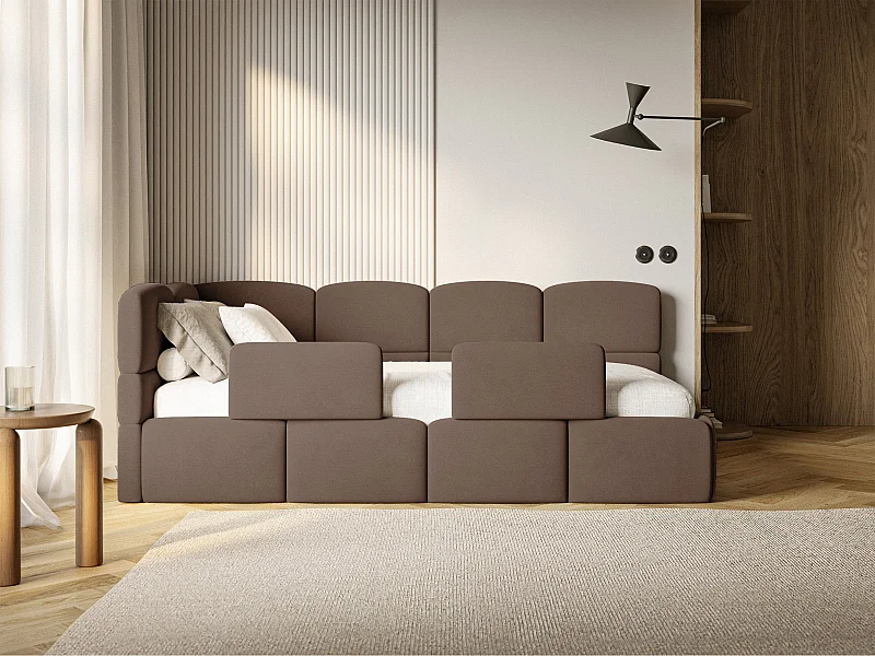 Lit enfant 120x200 cm – tête de lit à gauche – matelas & coffre de rangement – velours marron – CLOUDY