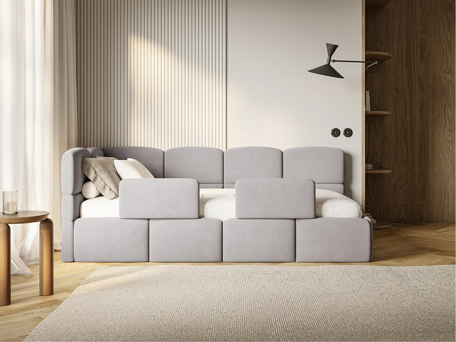 Lit enfant 120x200 cm – tête de lit à gauche – matelas & coffre de rangement – velours gris clair – CLOUDY