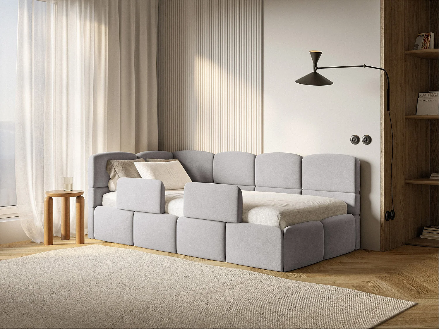 Lit enfant 120x200 cm – tête de lit à gauche – matelas & coffre de rangement – velours gris clair – CLOUDY