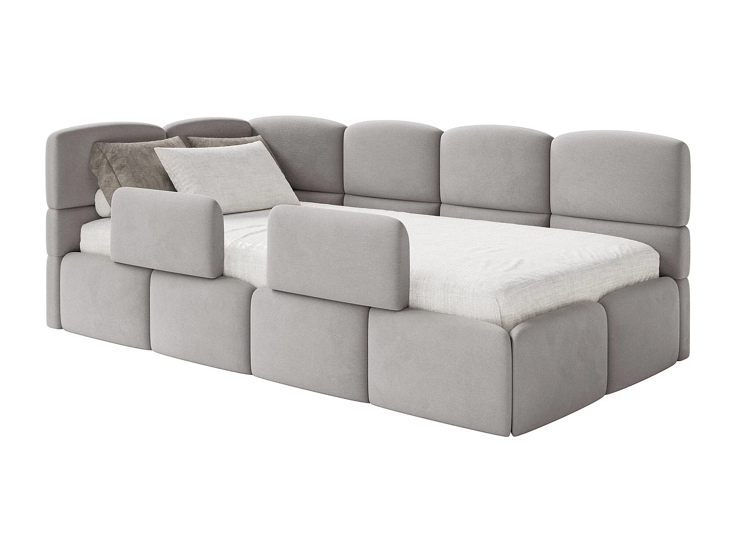 Lit enfant 120x200 cm – tête de lit à gauche – matelas & coffre de rangement – velours gris clair – CLOUDY