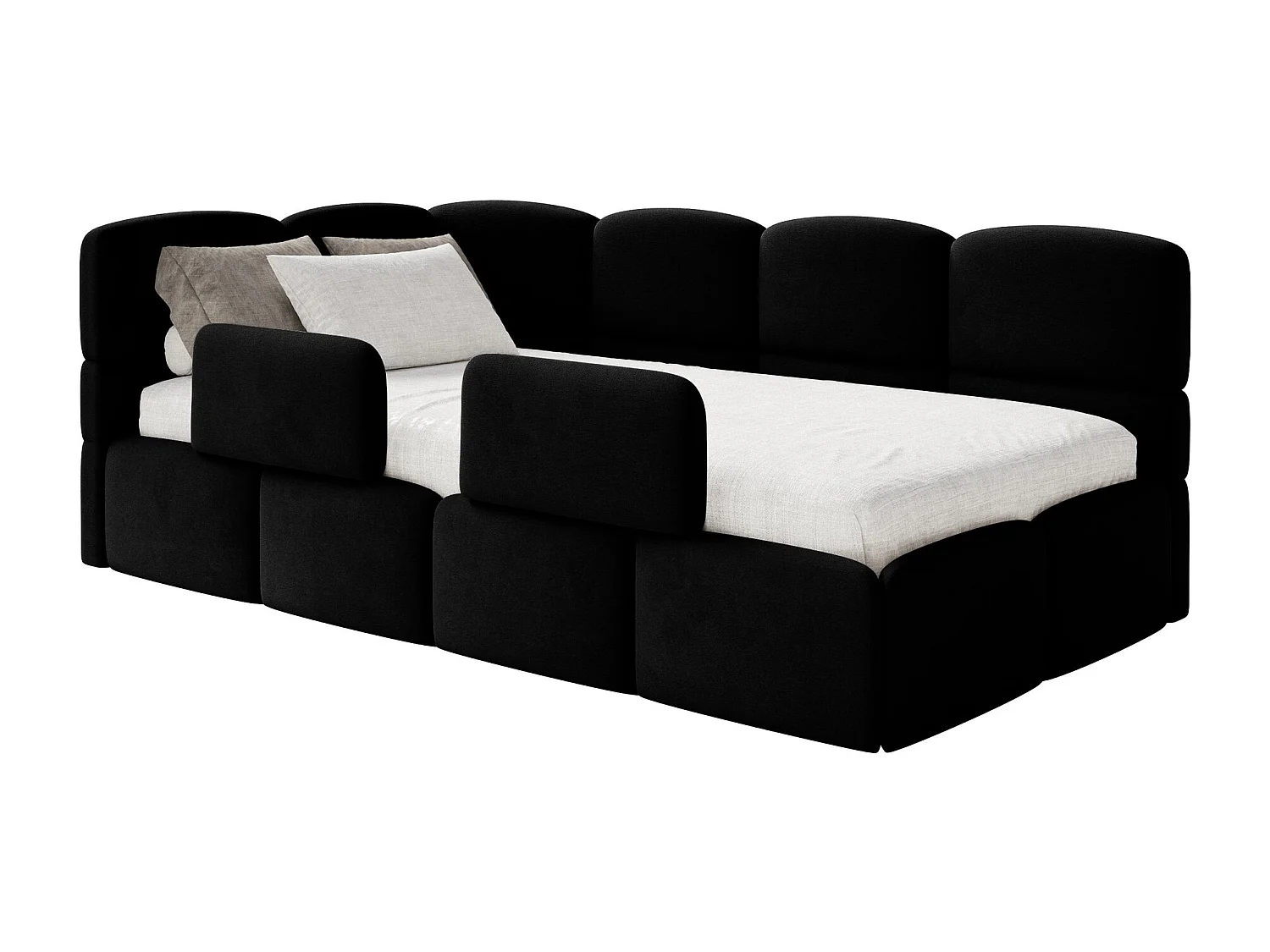 Lit enfant 120x200 cm – tête de lit à gauche – matelas & coffre de rangement – velours noir – CLOUDY