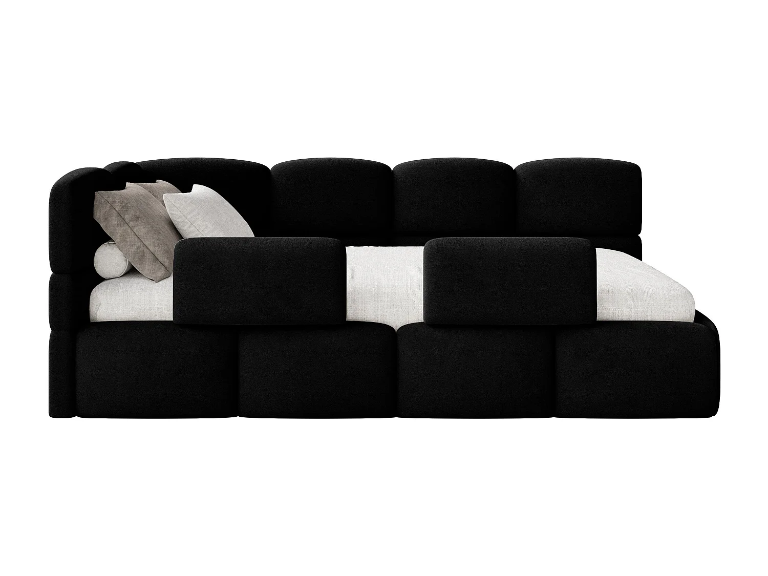 Lit enfant 120x200 cm – tête de lit à gauche – matelas & coffre de rangement – velours noir – CLOUDY