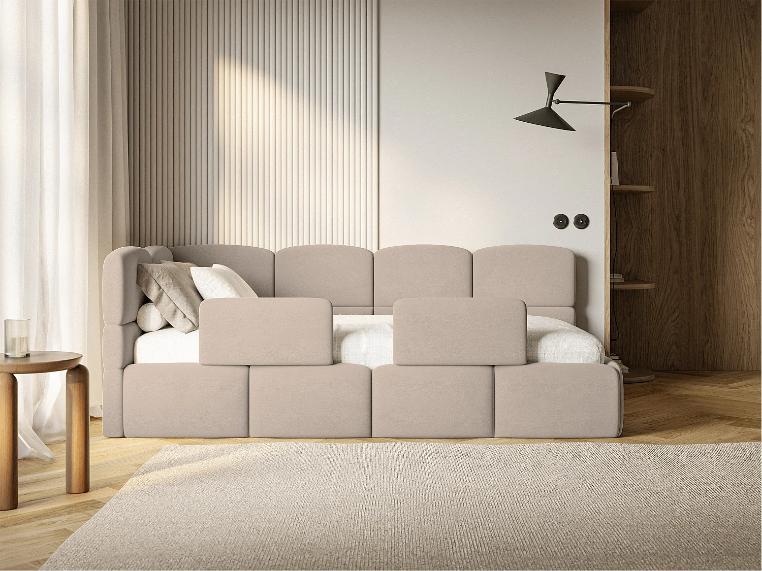 Lit enfant 120x200 cm – tête de lit à gauche – matelas & coffre de rangement – velours beige – CLOUDY