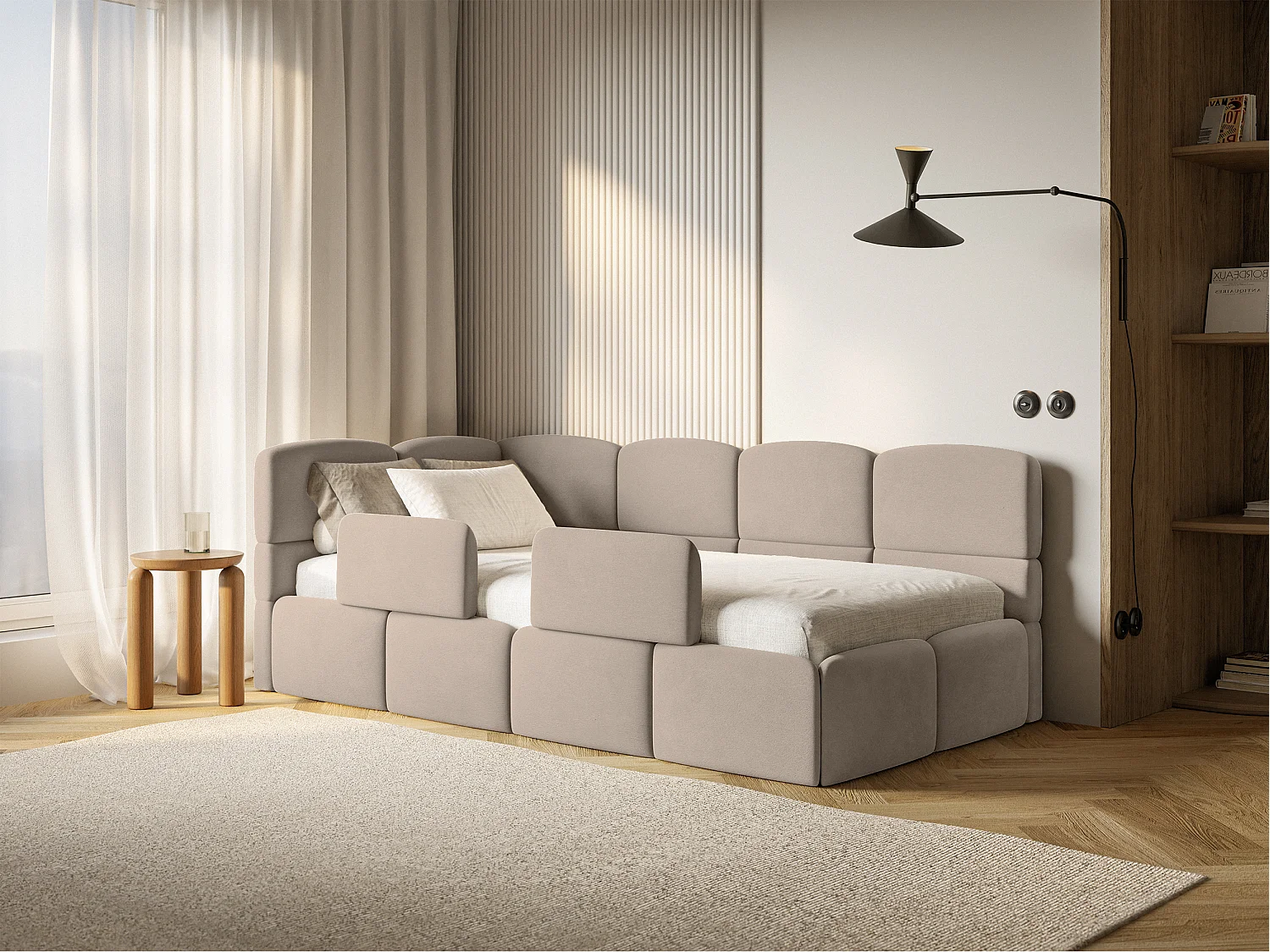 Lit enfant 120x200 cm – tête de lit à gauche – matelas & coffre de rangement – velours beige – CLOUDY