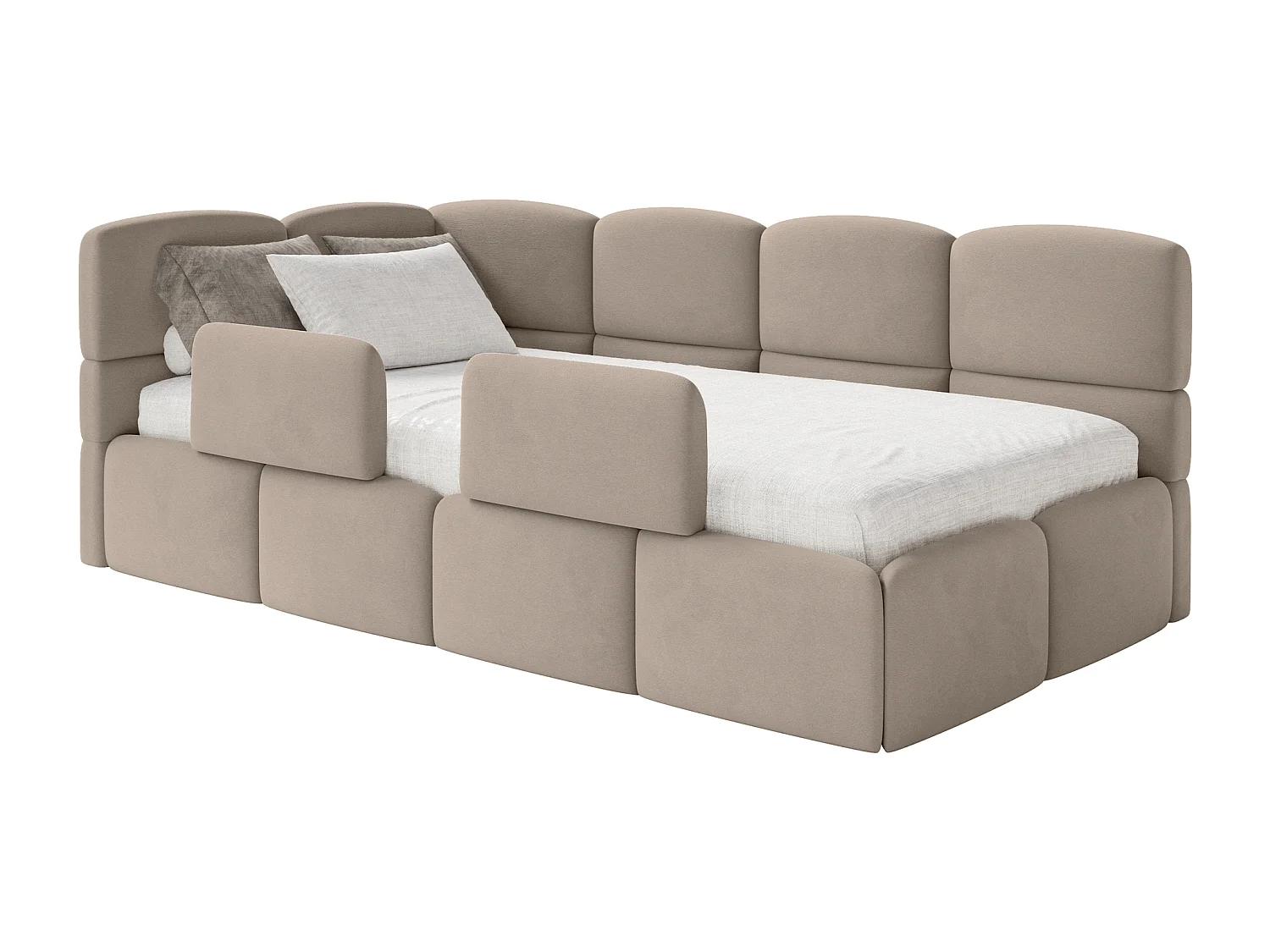 Lit enfant 120x200 cm – tête de lit à gauche – matelas & coffre de rangement – velours beige – CLOUDY