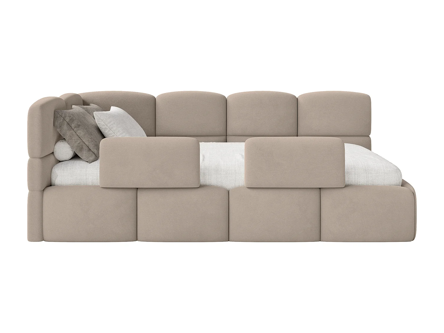 Lit enfant 120x200 cm – tête de lit à gauche – matelas & coffre de rangement – velours beige – CLOUDY