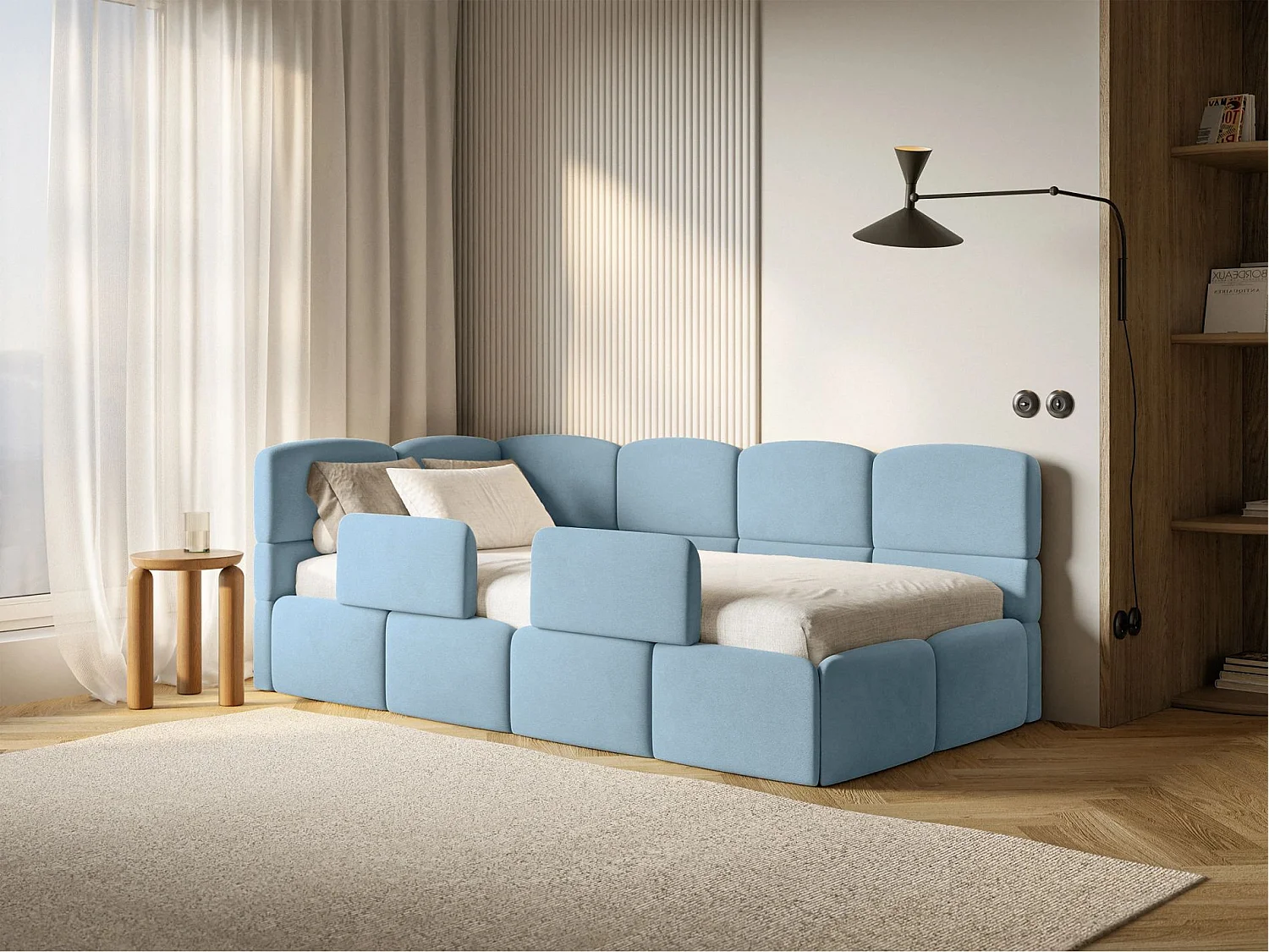 Lit enfant 120x200 cm – tête de lit à gauche – matelas & coffre de rangement – velours bleu clair– CLOUDY