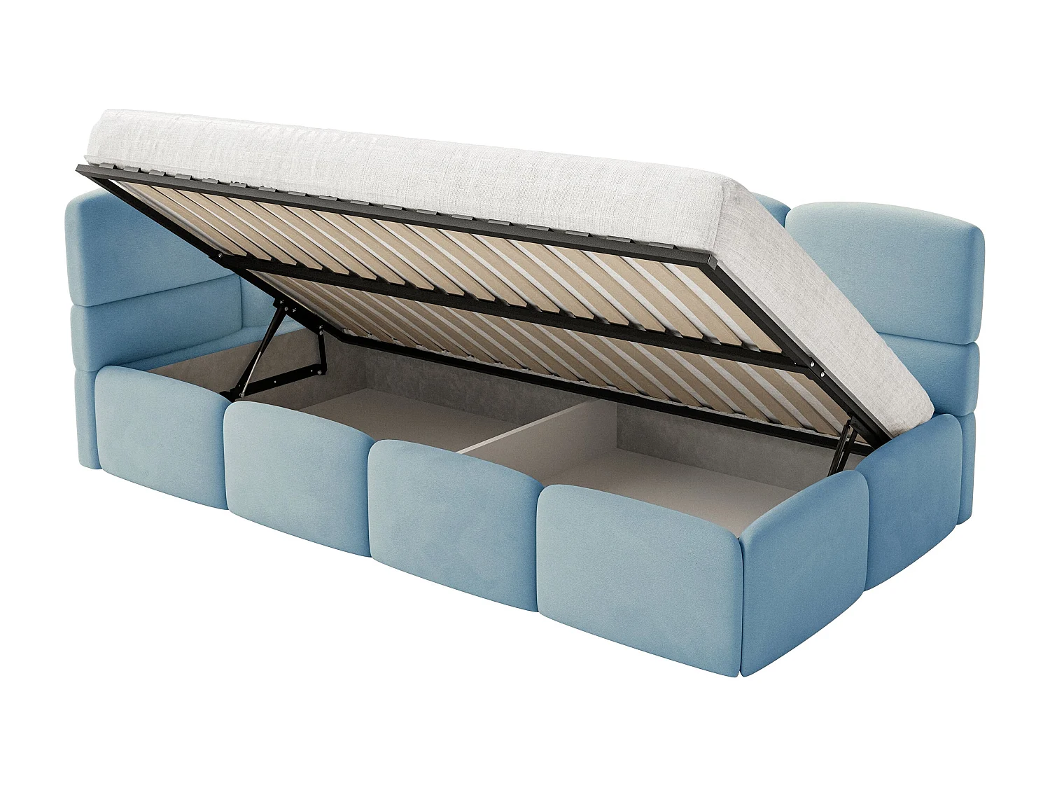 Lit enfant 120x200 cm – tête de lit à gauche – matelas & coffre de rangement – velours bleu clair– CLOUDY