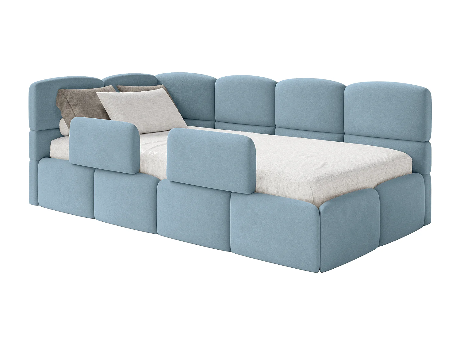 Kinderbett 120x200 Kopfteil links – Matratze & Stauraum – Samt Hellblau – CLOUDY