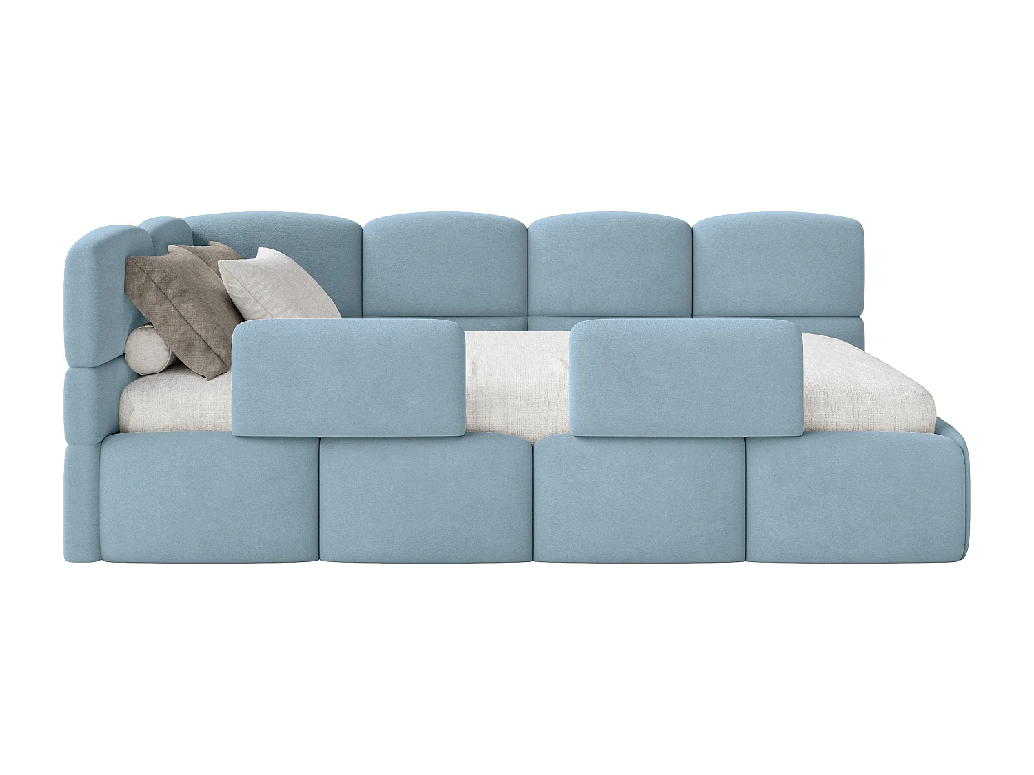 Lit enfant 120x200 cm – tête de lit à gauche – matelas & coffre de rangement – velours bleu clair– CLOUDY