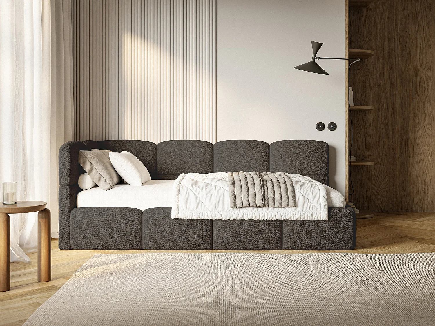 Einzelbett 120x200 Kopfteil links – Matratze & Stauraum – Bouclé Braun – CLOUDY