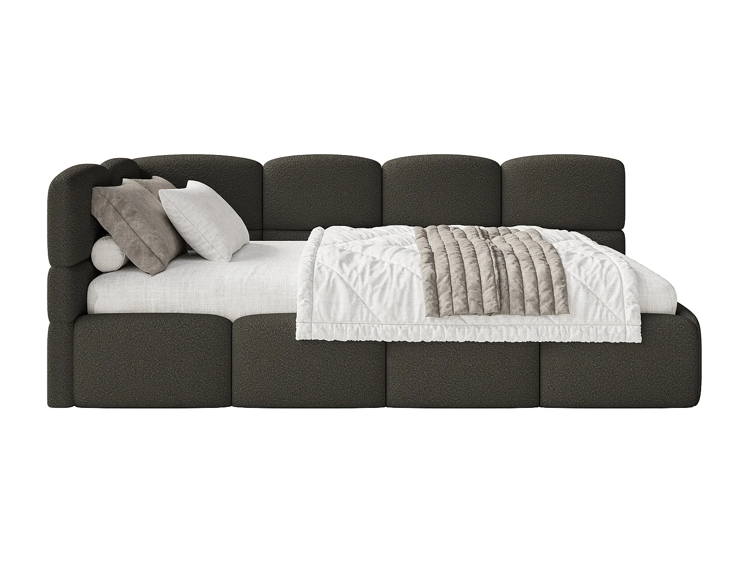 Einzelbett 120x200 Kopfteil links – Matratze & Stauraum – Bouclé Braun – CLOUDY