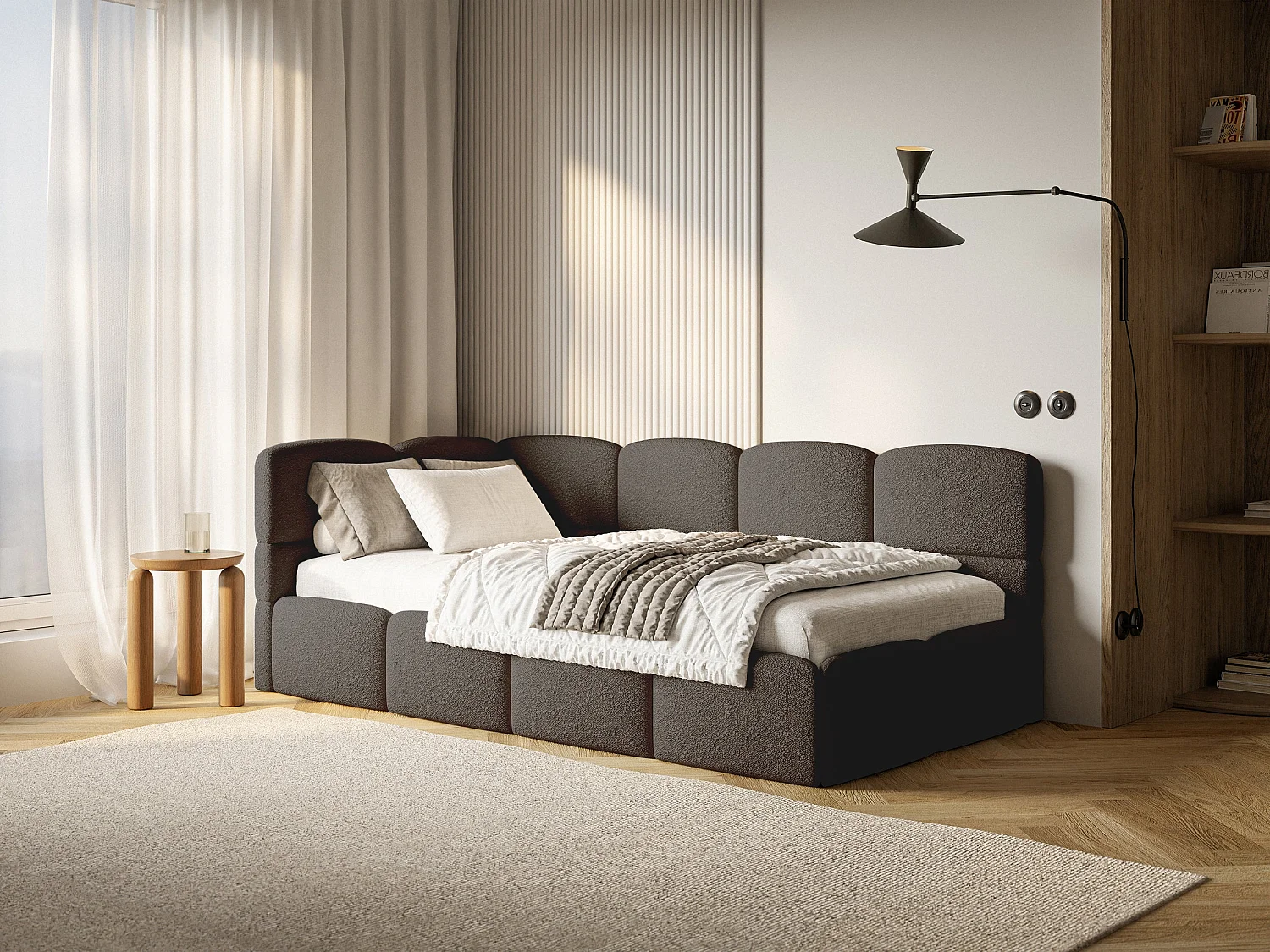 Eenpersoonsbed 120x200 – bouclé – bruin – links – CLOUDY