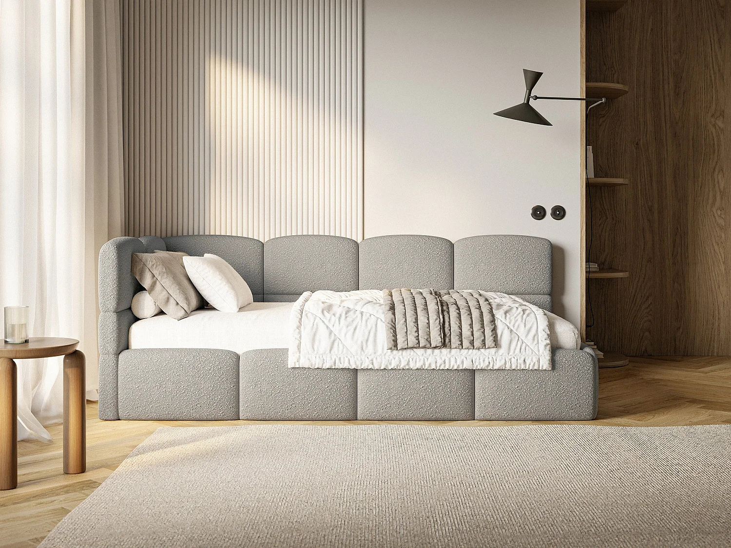 Lit simple 120x200 cm – tête de lit à gauche – matelas & coffre de rangement – en bouclé gris – CLOUDY
