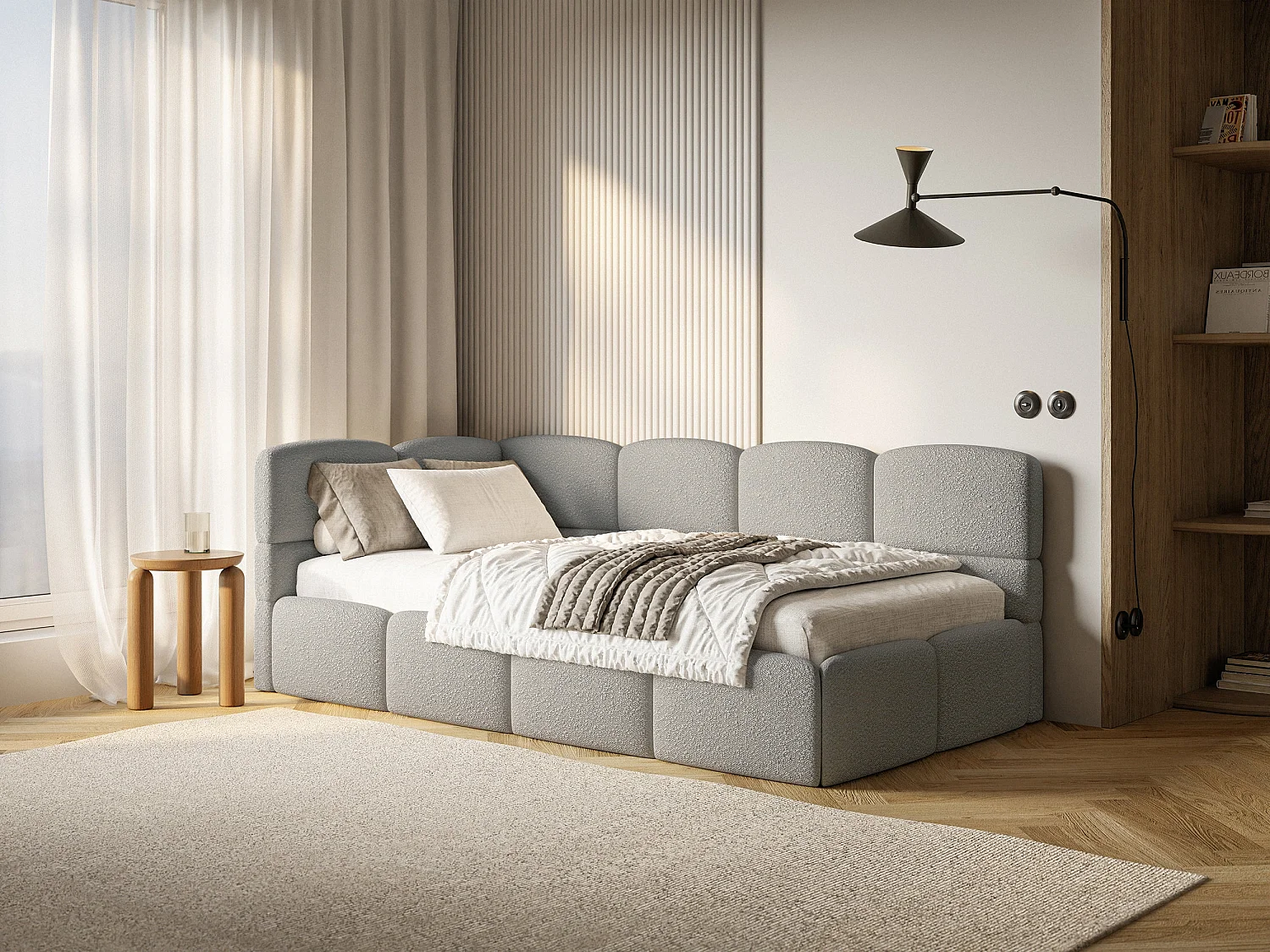 Lit simple 120x200 cm – tête de lit à gauche – matelas & coffre de rangement – en bouclé gris – CLOUDY