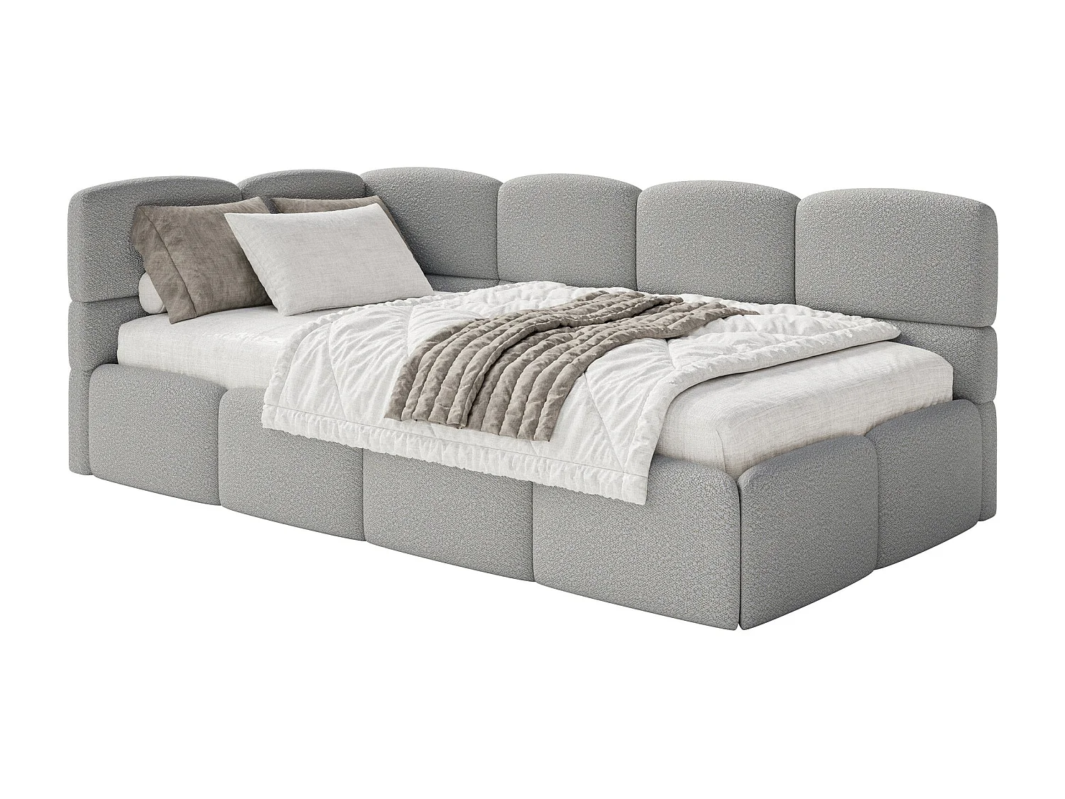Lit simple 120x200 cm – tête de lit à gauche – matelas & coffre de rangement – en bouclé gris – CLOUDY