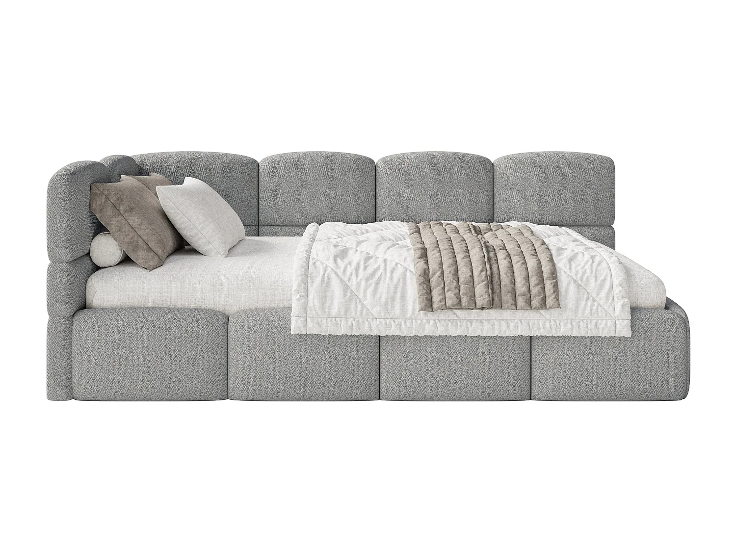 Lit simple 120x200 cm – tête de lit à gauche – matelas & coffre de rangement – en bouclé gris – CLOUDY