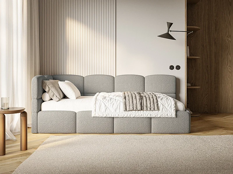 Lit simple 120x200 cm – tête de lit à gauche – matelas & coffre de rangement – en bouclé gris – CLOUDY
