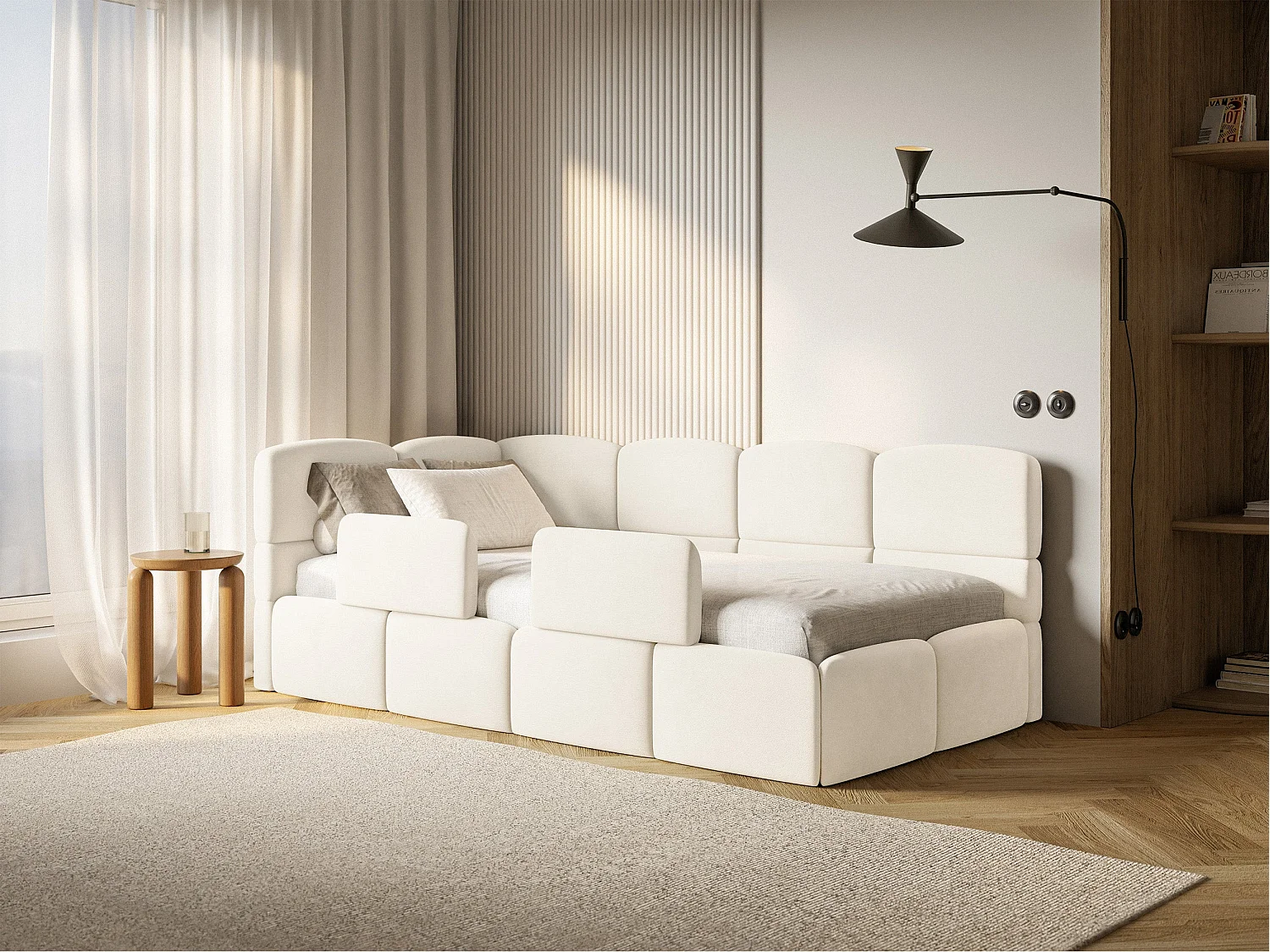 Lit enfant 120x200 cm – tête de lit à gauche – matelas & coffre de rangement – velours crème – CLOUDY
