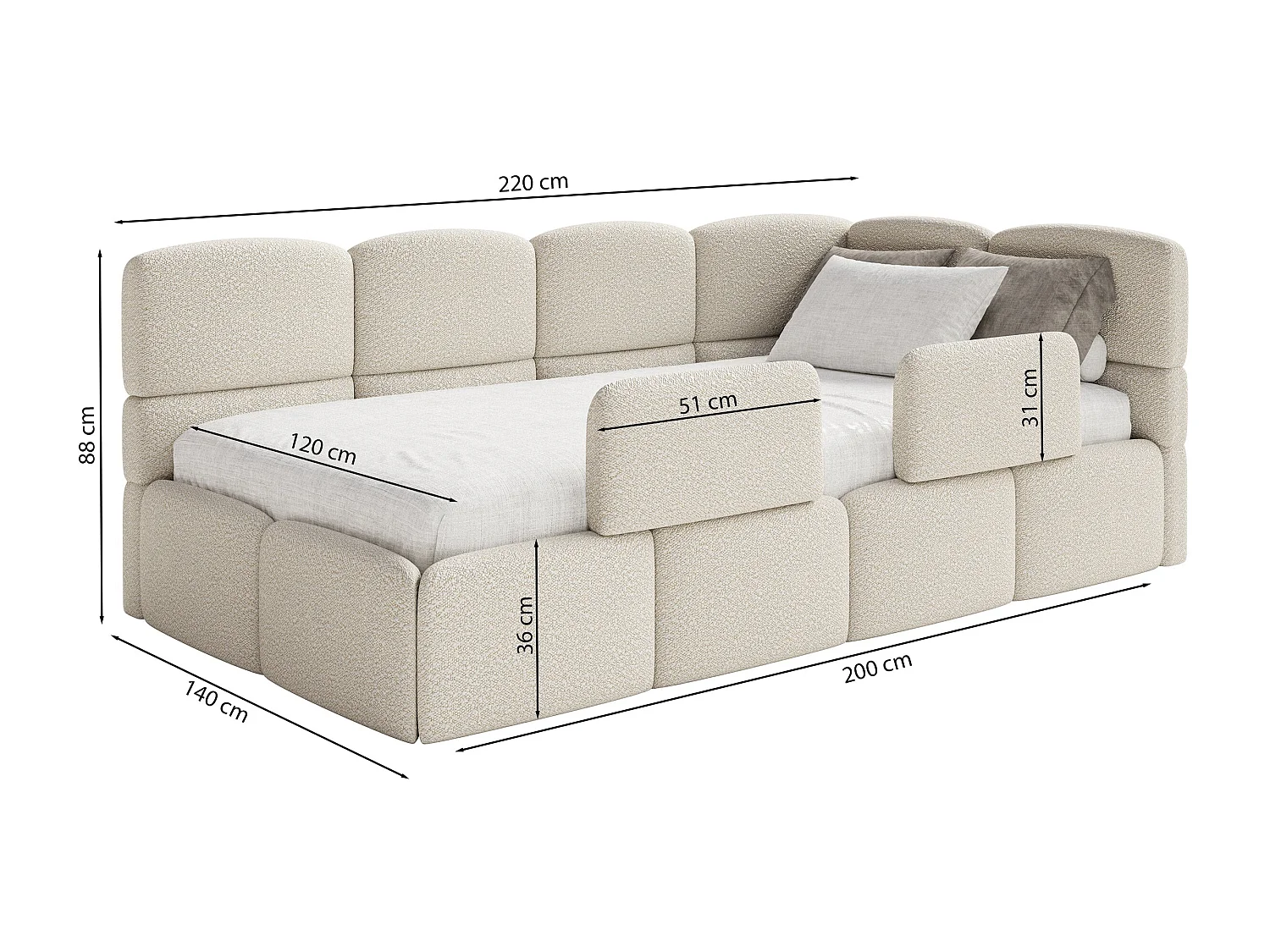 Lit enfant 120x200 cm – tête de lit à gauche – matelas & coffre de rangement – velours crème – CLOUDY